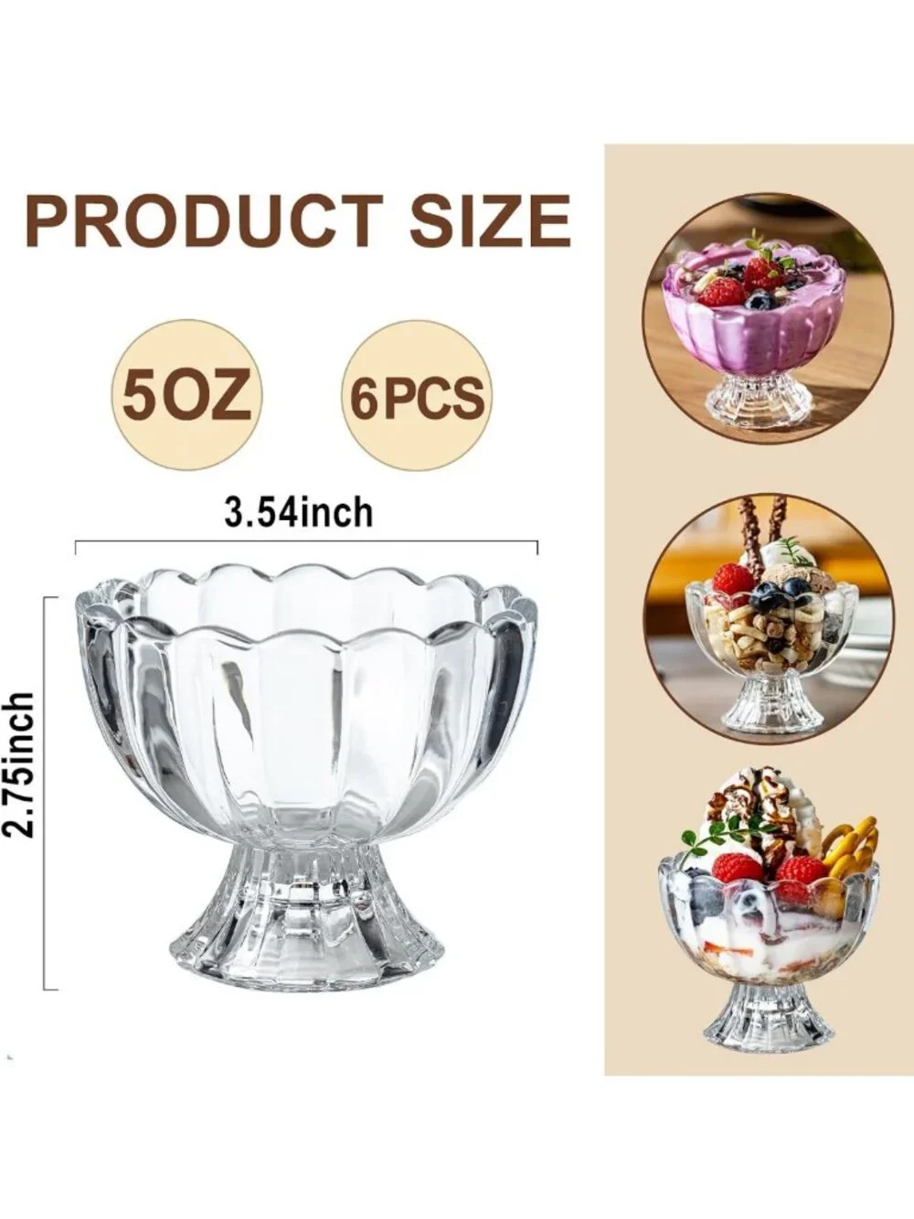 Vintage Footed Tulip Glass Dessert Bowls - 5oz Cute Cups for Ice Cream, Sundaes